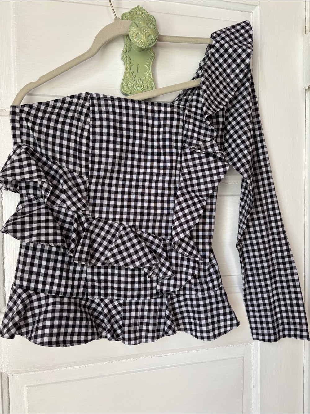 MLM LABEL ONE SHOULDER GINGHAM RUFFLE TOP - Picture 2 of 6